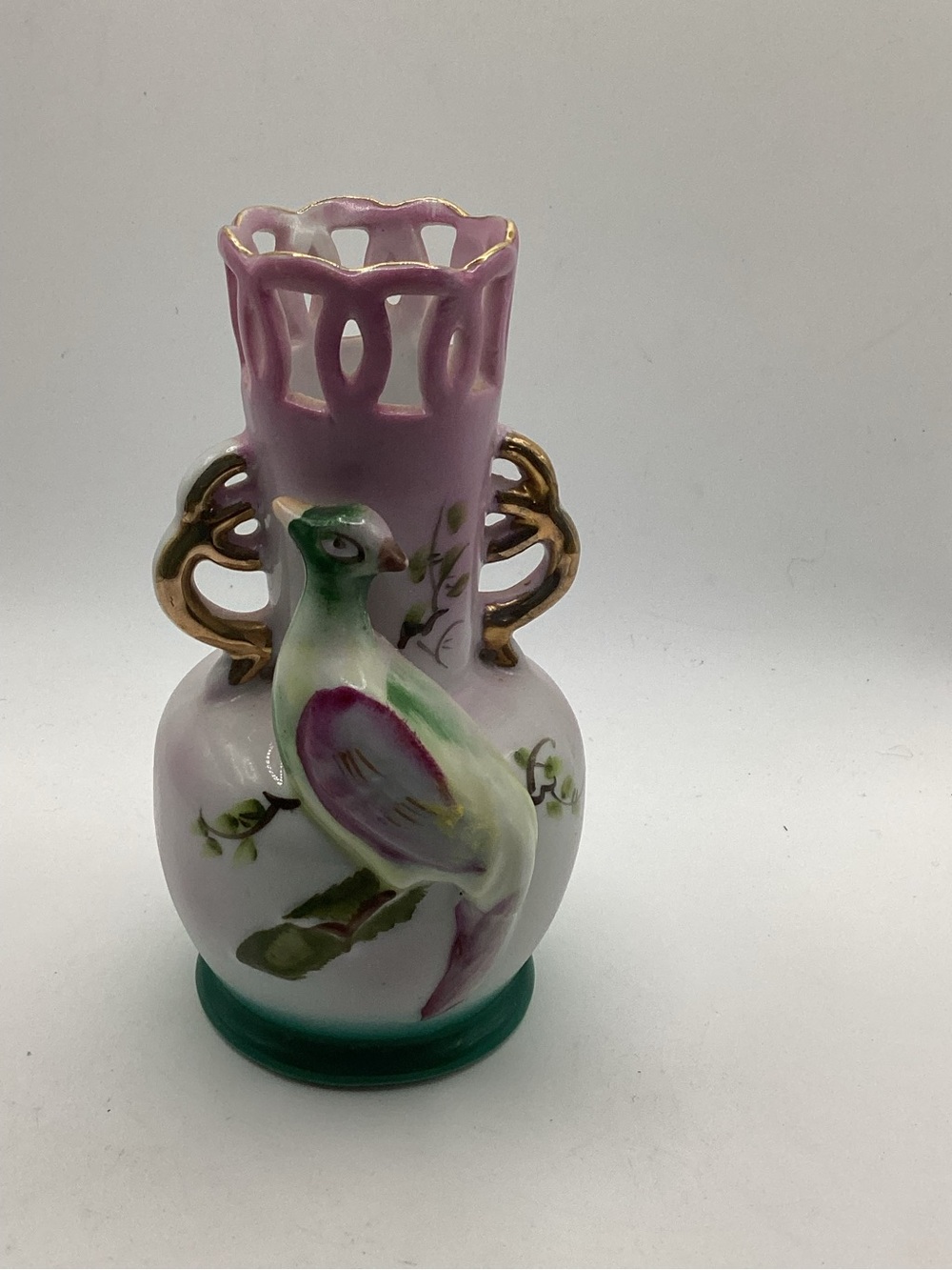 Porcelain Pink Bird Accent Vase with Gold Handles
